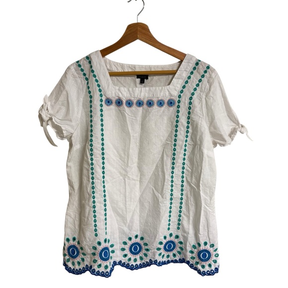 Talbots white linen blend embroidered eyelet tie sleeve square neck spring top L - Picture 7 of 12